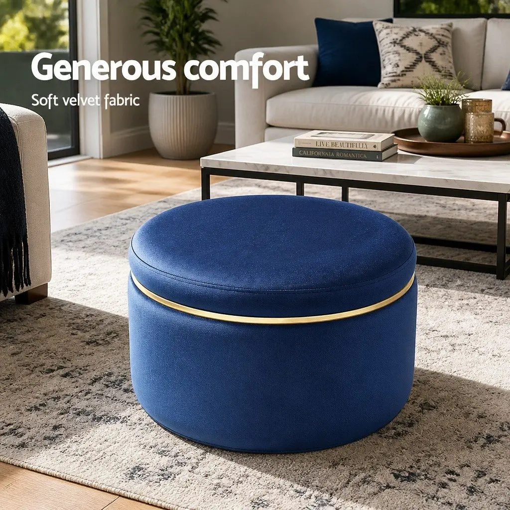 Ottoman Foot Stool Round Velvet Navy Tufted 38cm x 38cm x 45cm