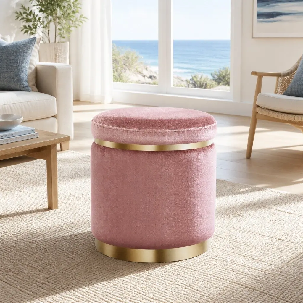 Ottoman Footstool Velvet Pink 38cm x 38cm x 45cm Upholstered Seat with Gold Rings