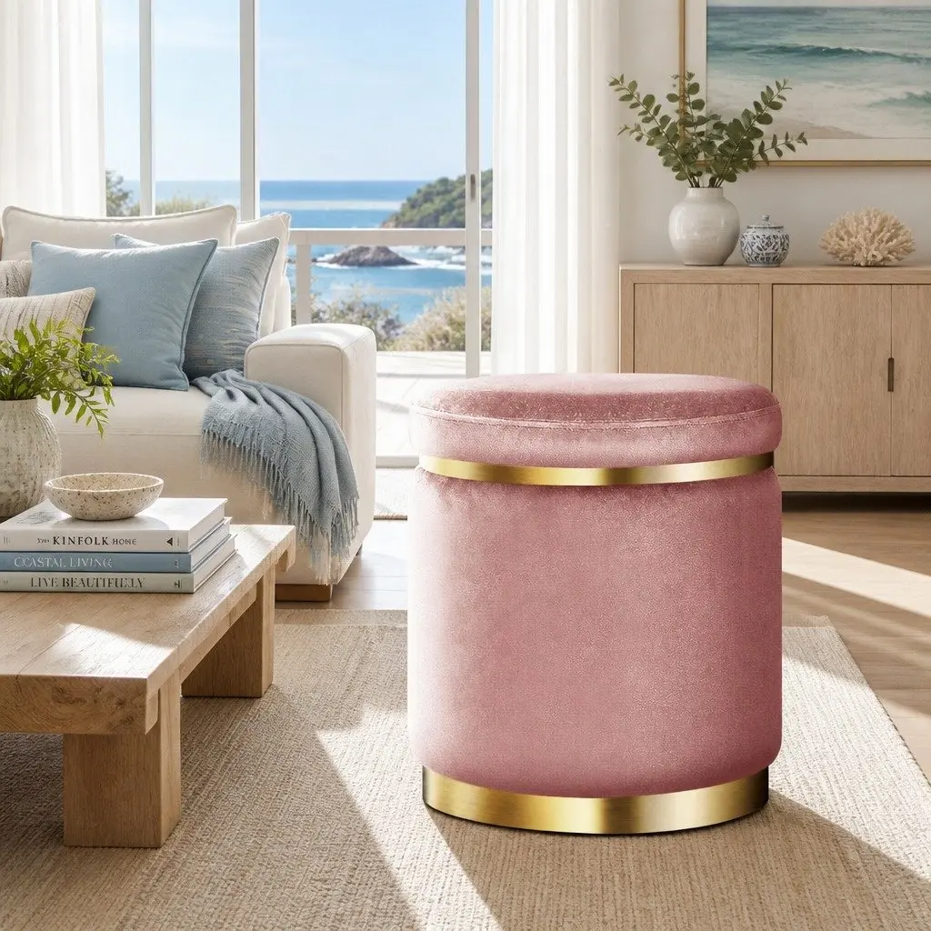 Ottoman Footstool Velvet Pink 38cm x 38cm x 45cm Upholstered Seat with Gold Rings