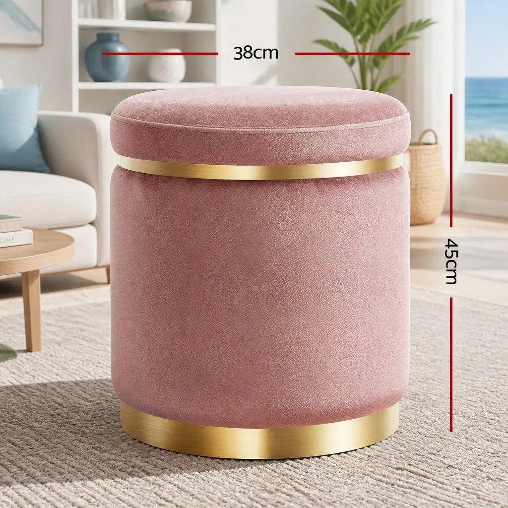 Ottoman Footstool Velvet Pink 38cm x 38cm x 45cm Upholstered Seat with Gold Rings