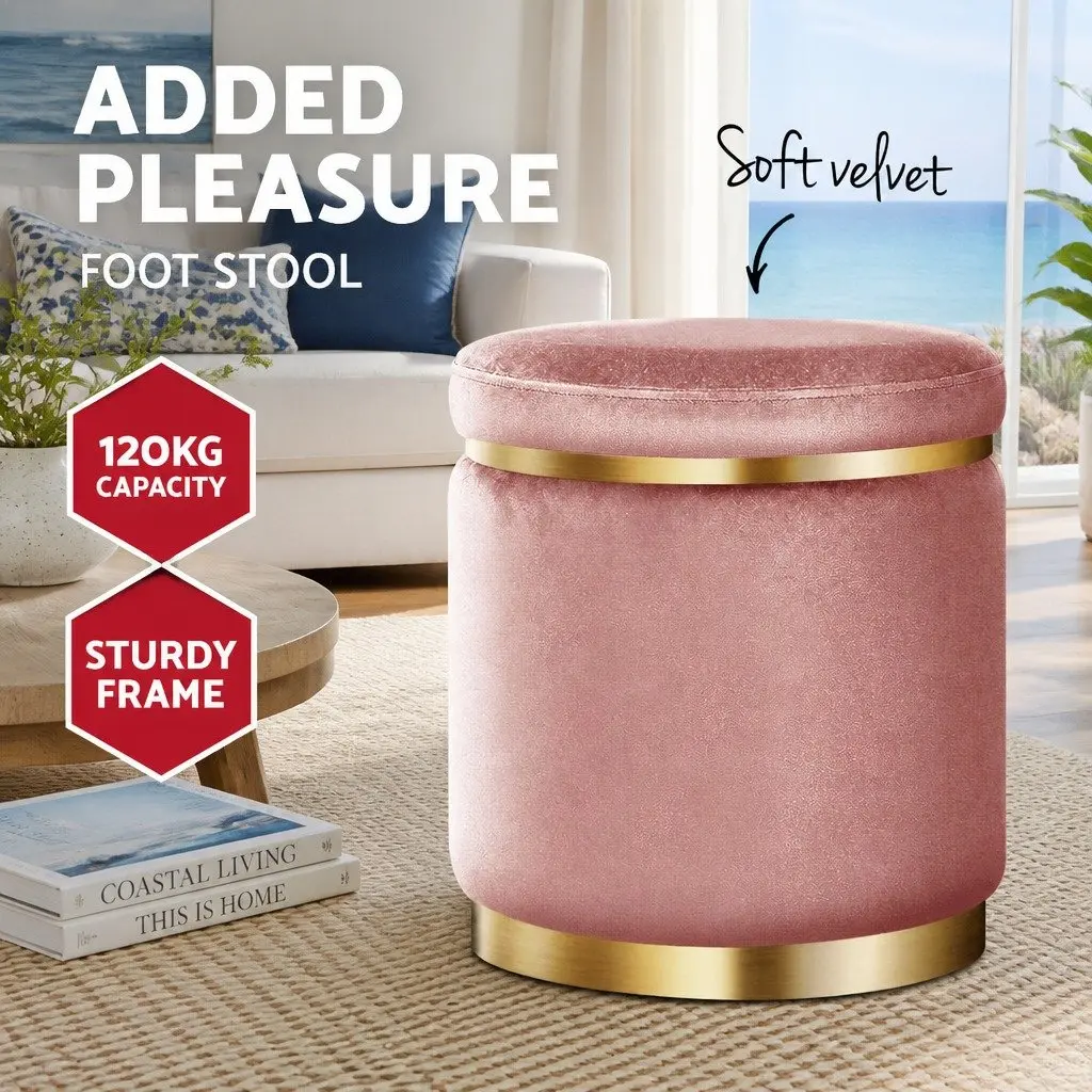Ottoman Footstool Velvet Pink 38cm x 38cm x 45cm Upholstered Seat with Gold Rings