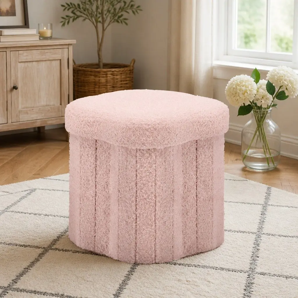 Storage Ottoman Boucle Fabric Foldable Pink 32cm x 32cm x 31cm