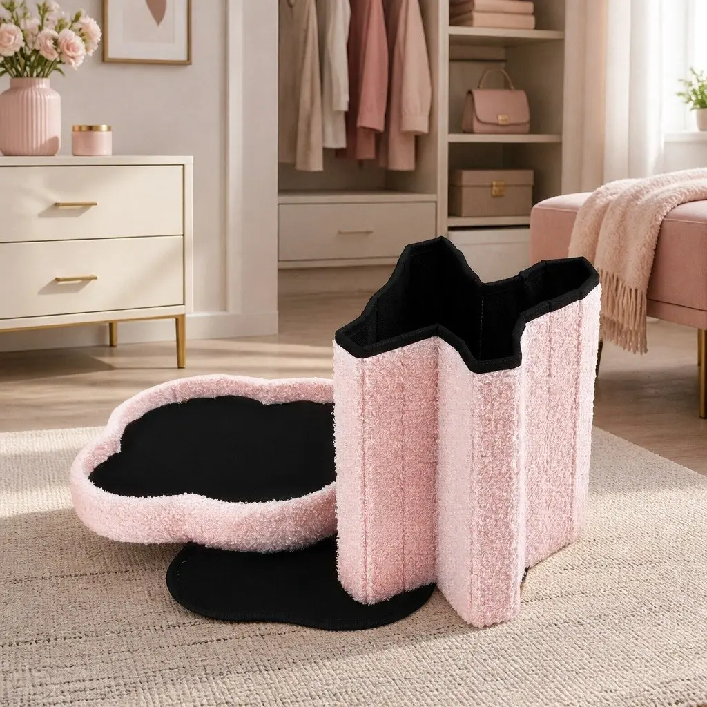 Storage Ottoman Boucle Fabric Foldable Pink 32cm x 32cm x 31cm