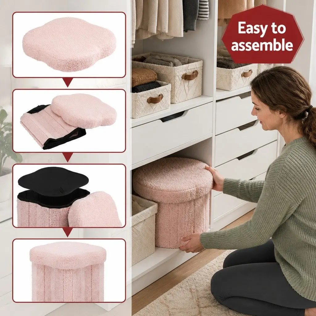 Storage Ottoman Boucle Fabric Foldable Pink 32cm x 32cm x 31cm