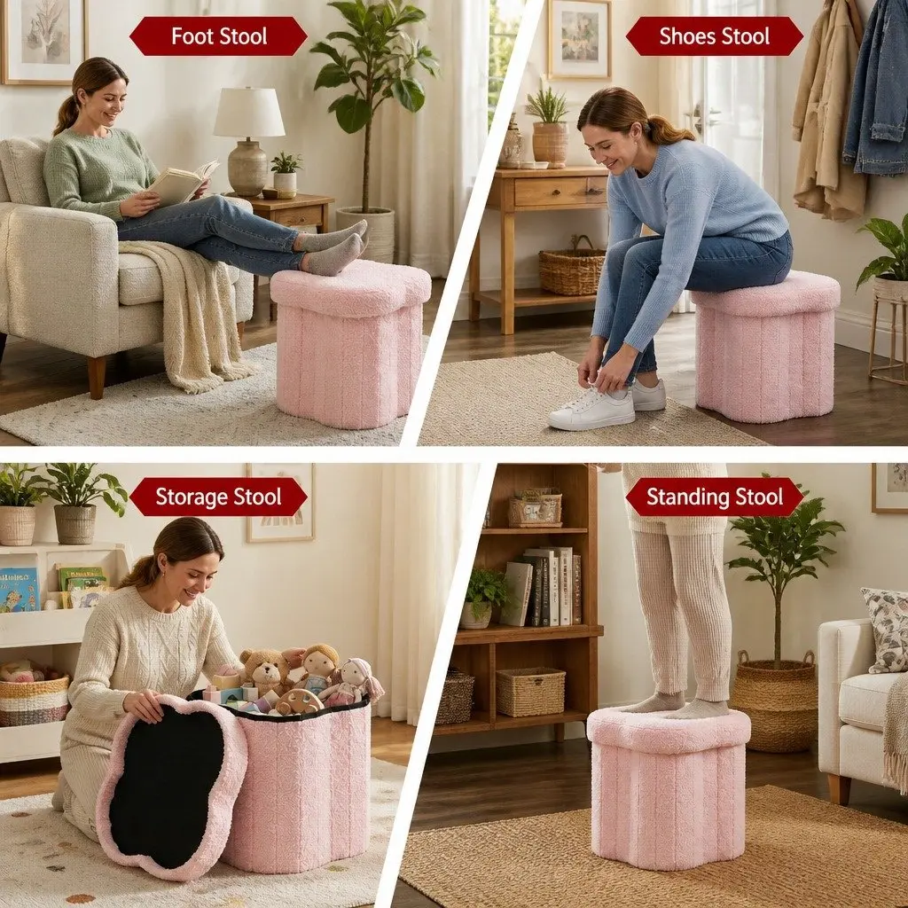 Storage Ottoman Boucle Fabric Foldable Pink 32cm x 32cm x 31cm