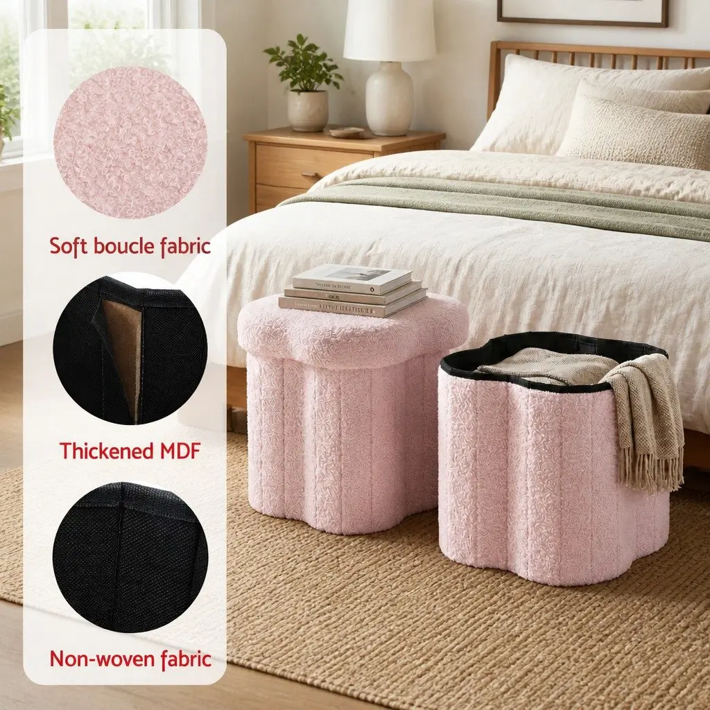 Storage Ottoman Boucle Fabric Foldable Pink 32cm x 32cm x 31cm