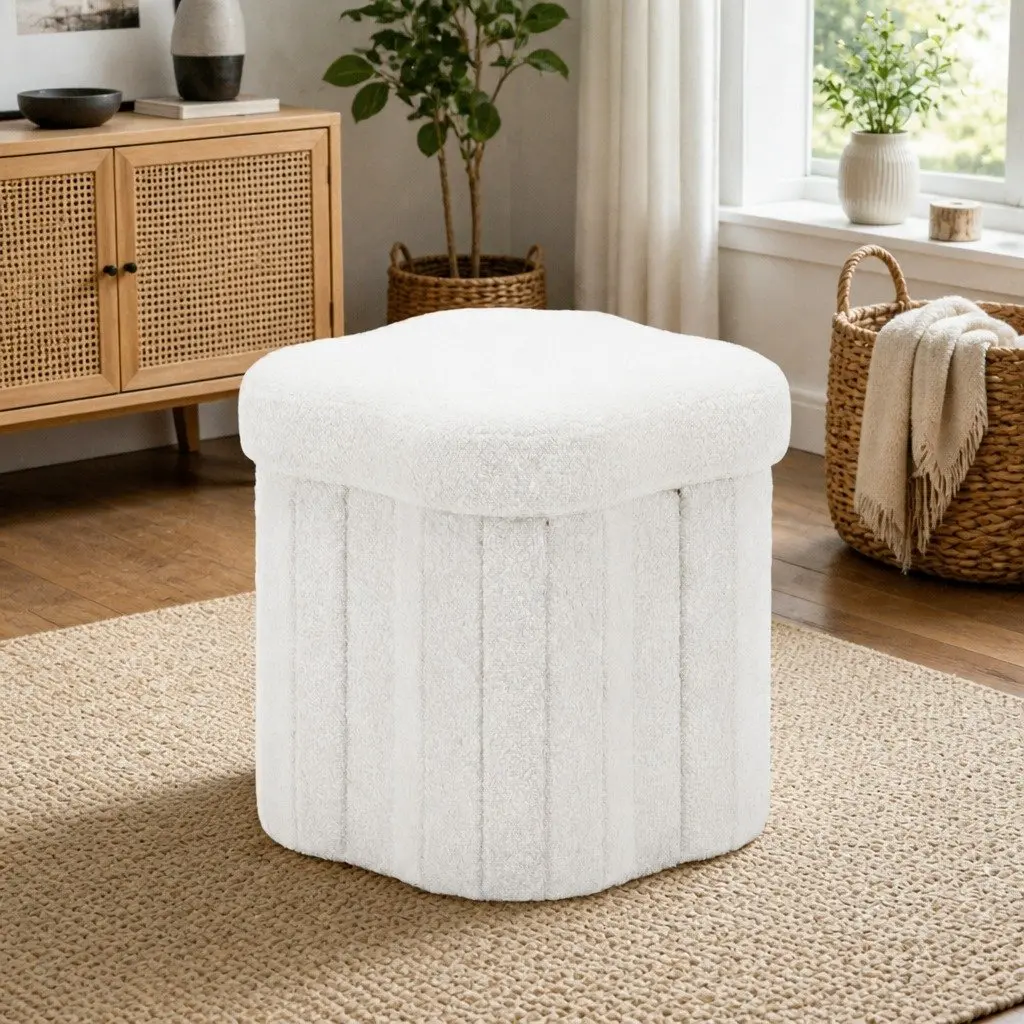 Storage Ottoman Foot Stool Foldable Boucle Fabric White 32cm x 32cm x 31cm