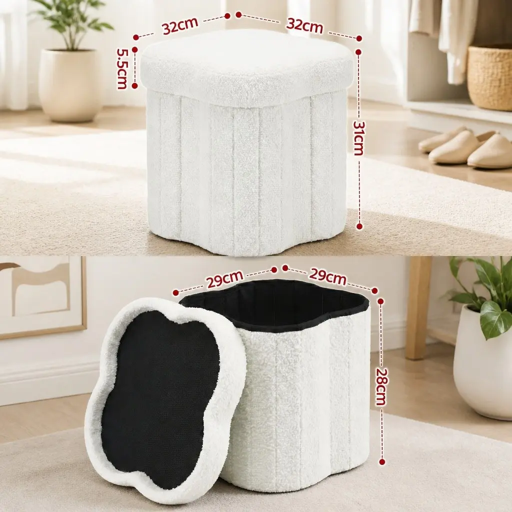 Storage Ottoman Foot Stool Foldable Boucle Fabric White 32cm x 32cm x 31cm