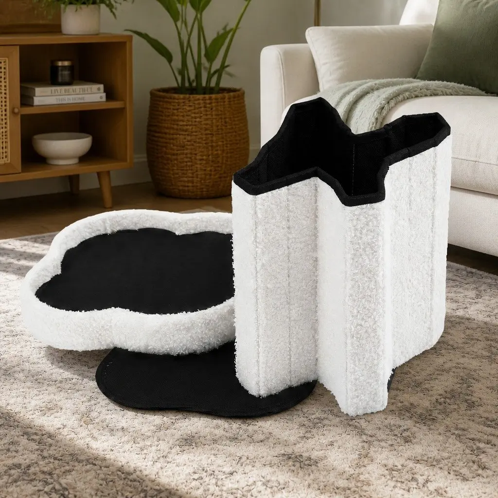 Storage Ottoman Foot Stool Foldable Boucle Fabric White 32cm x 32cm x 31cm