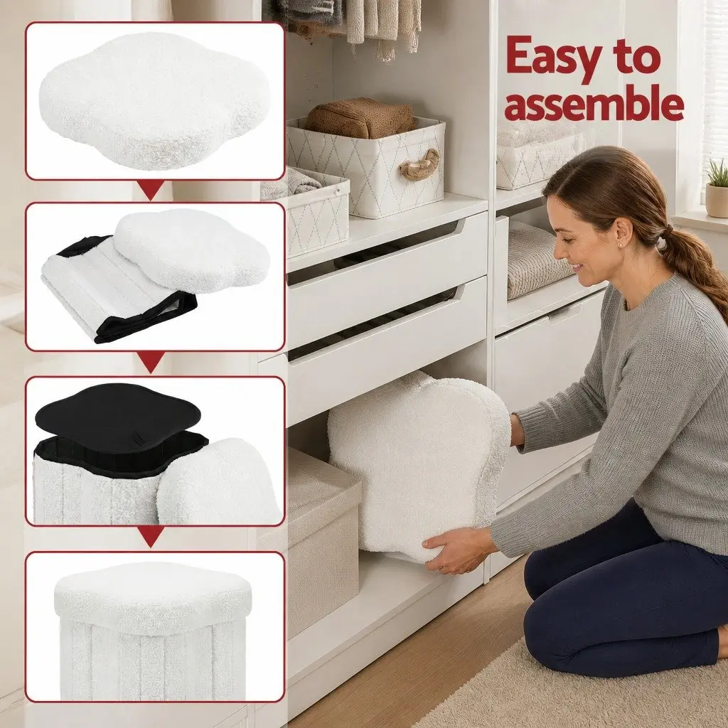 Storage Ottoman Foot Stool Foldable Boucle Fabric White 32cm x 32cm x 31cm