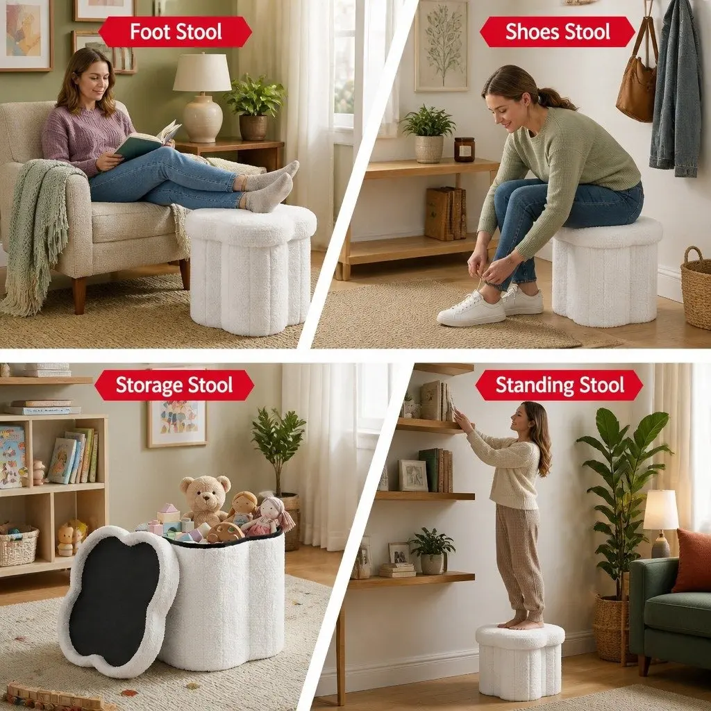 Storage Ottoman Foot Stool Foldable Boucle Fabric White 32cm x 32cm x 31cm