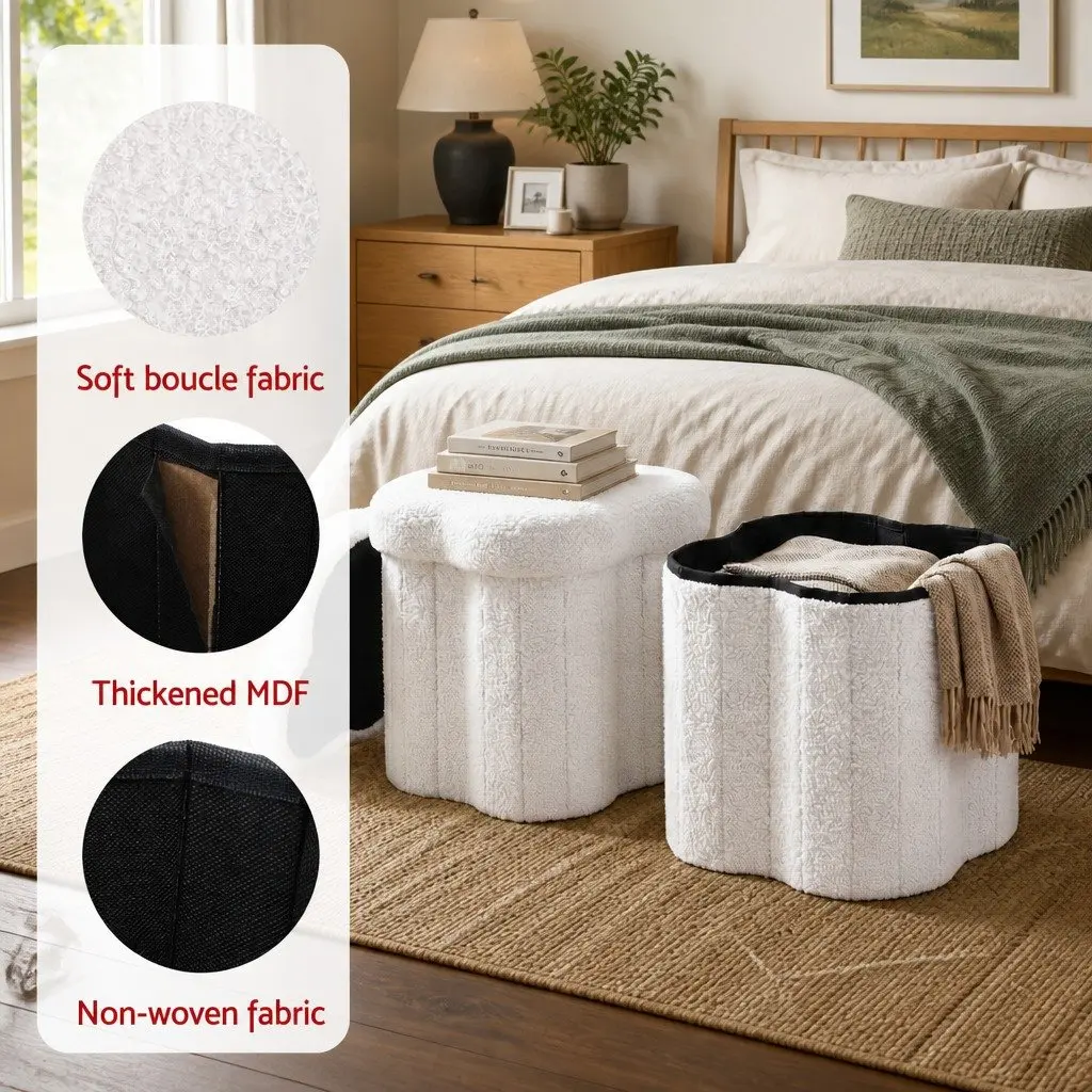 Storage Ottoman Foot Stool Foldable Boucle Fabric White 32cm x 32cm x 31cm