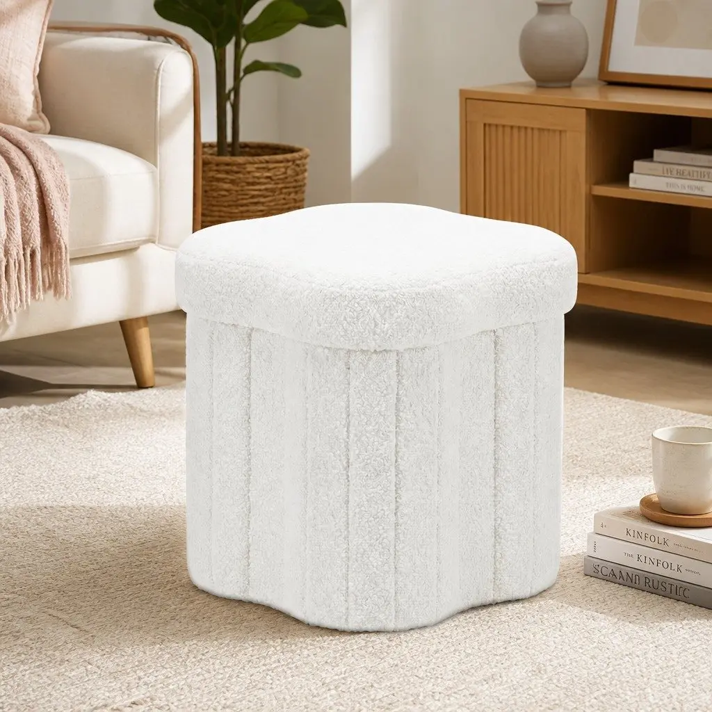 Storage Ottoman Foot Stool Foldable Boucle Fabric White 32cm x 32cm x 31cm