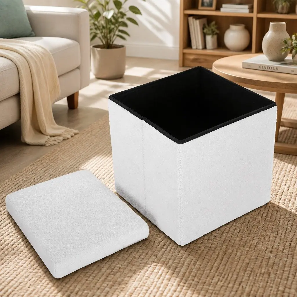 Ottoman Footstool White Boucle Fabric Square Storage for Bedroom Living Room 40cm