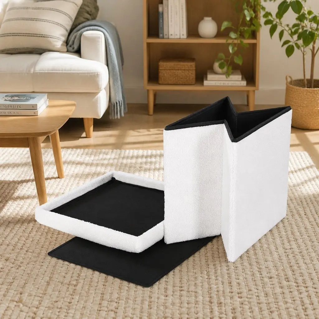 Ottoman Footstool White Boucle Fabric Square Storage for Bedroom Living Room 40cm