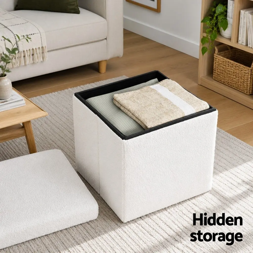 Ottoman Footstool White Boucle Fabric Square Storage for Bedroom Living Room 40cm