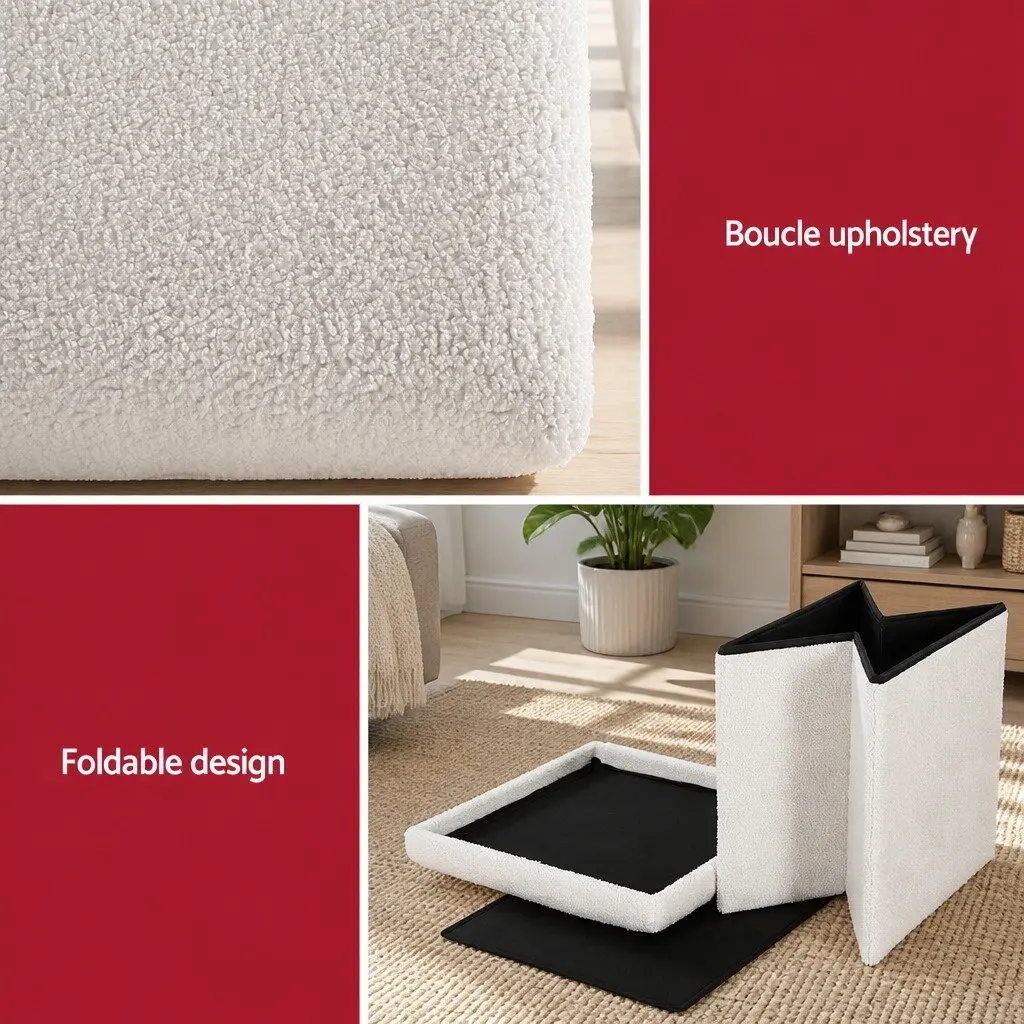 Ottoman Footstool White Boucle Fabric Square Storage for Bedroom Living Room 40cm