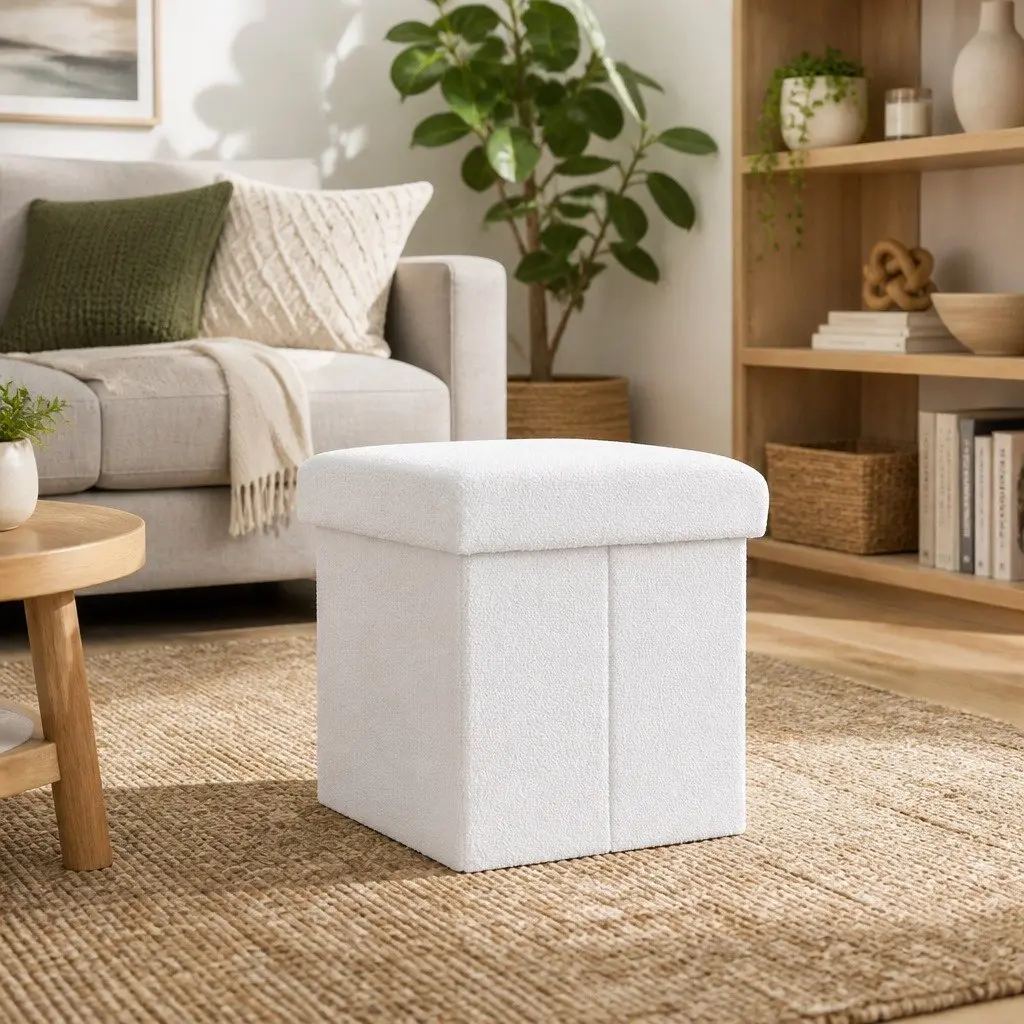 Ottoman Footstool White Boucle Fabric Square Storage for Bedroom Living Room 40cm