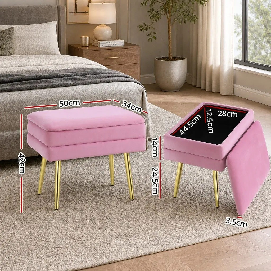 Ottoman Storage Foot Stool Velvet Pink Upholstered Seat with Detachable Lid
