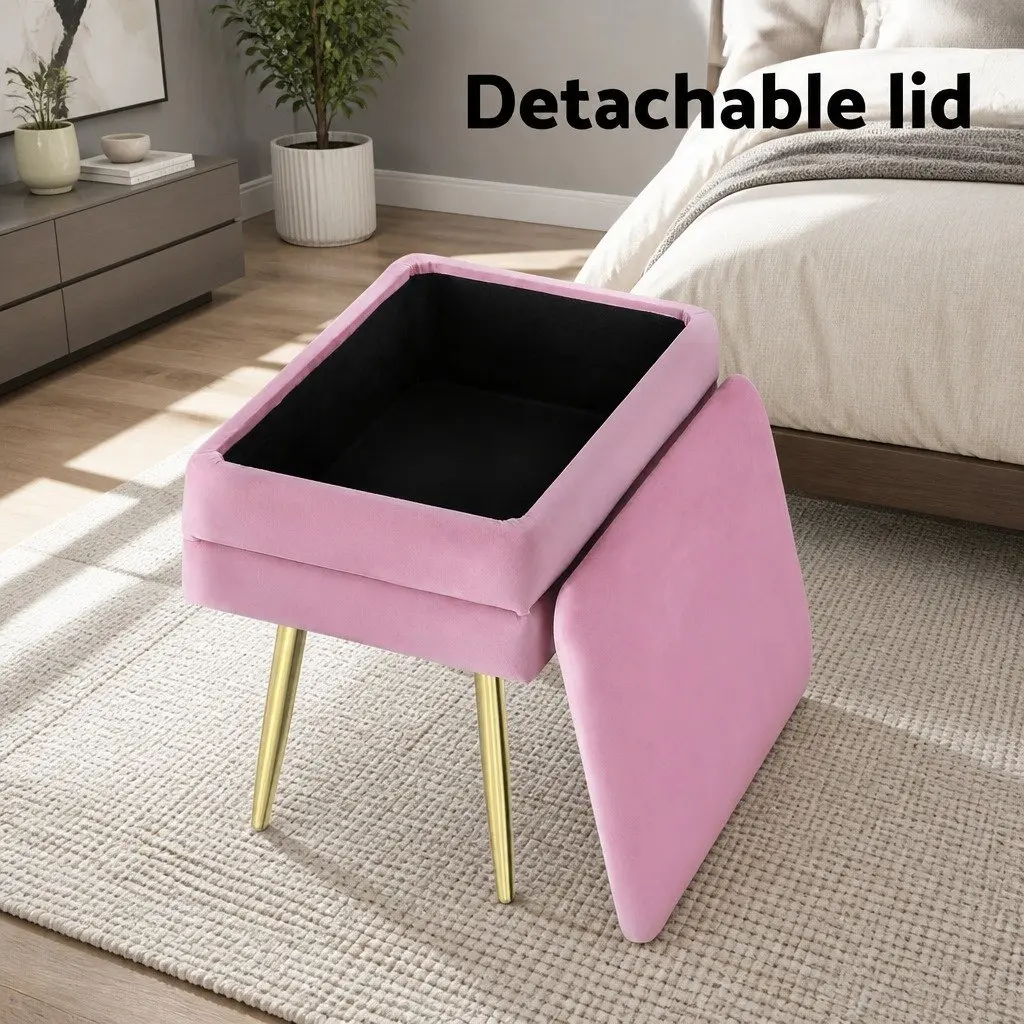 Ottoman Storage Foot Stool Velvet Pink Upholstered Seat with Detachable Lid