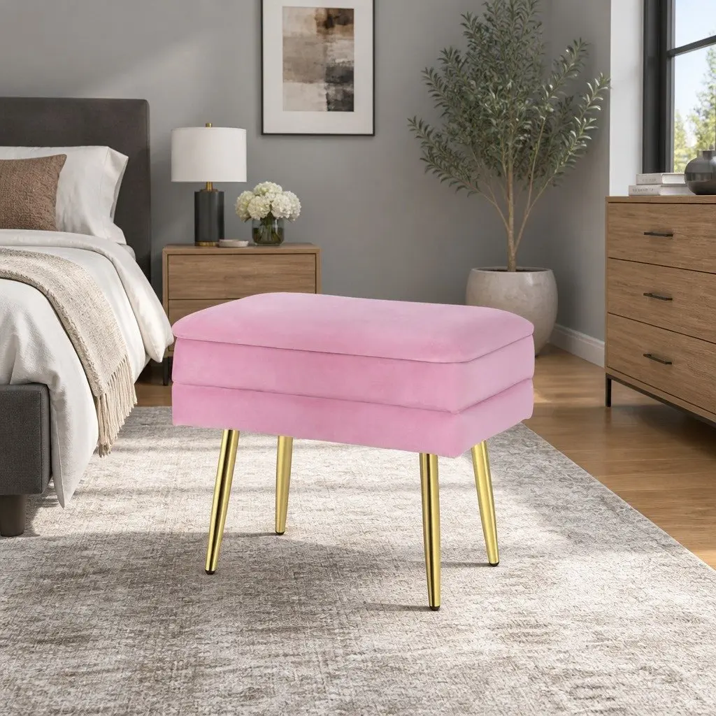 Ottoman Storage Foot Stool Velvet Pink Upholstered Seat with Detachable Lid