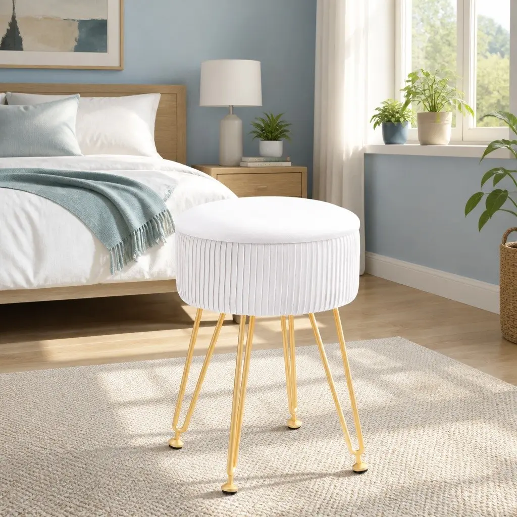 Round Velvet Ottoman White Storage Footstool Padded Seat Coffee Table 32cm Width 46cm Height