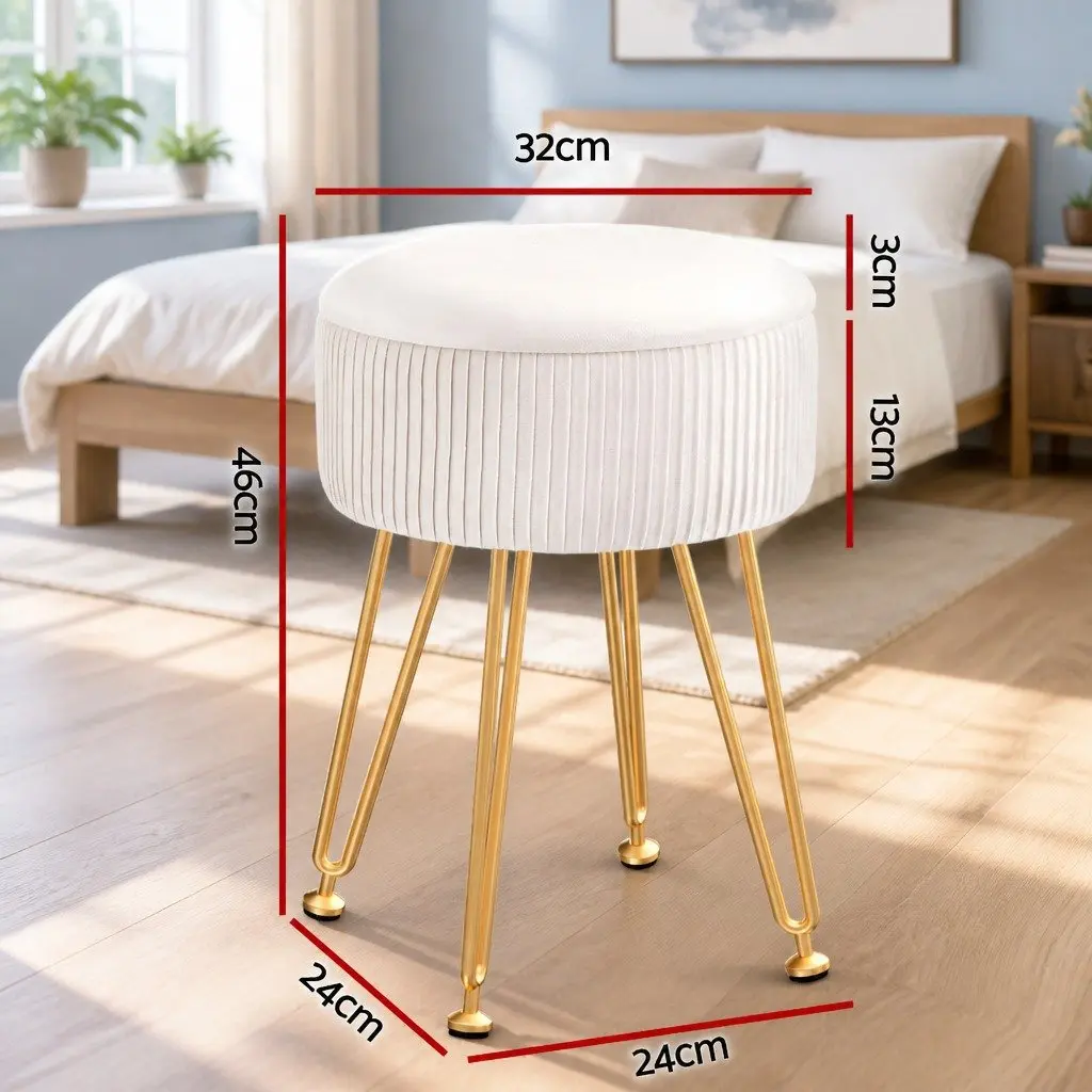 Round Velvet Ottoman White Storage Footstool Padded Seat Coffee Table 32cm Width 46cm Height