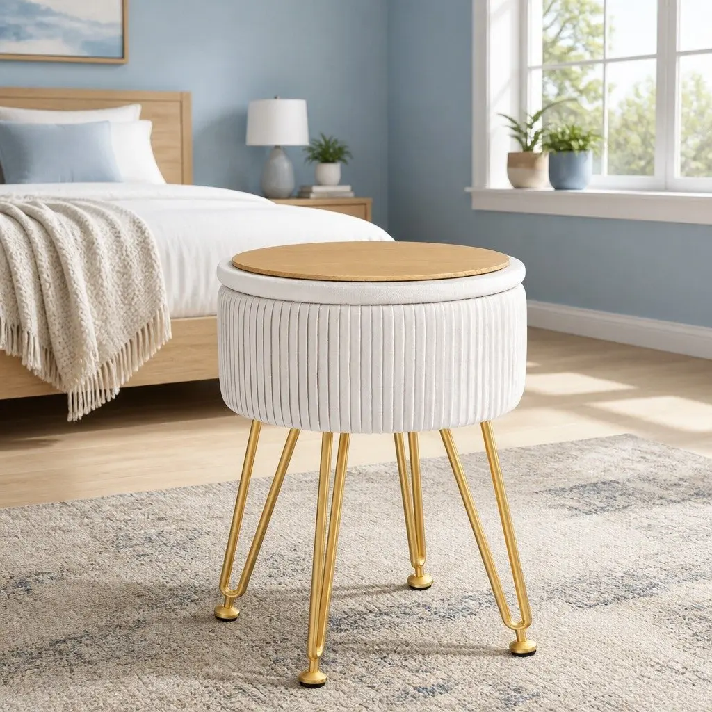 Round Velvet Ottoman White Storage Footstool Padded Seat Coffee Table 32cm Width 46cm Height