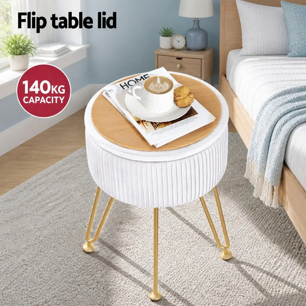 Round Velvet Ottoman White Storage Footstool Padded Seat Coffee Table 32cm Width 46cm Height
