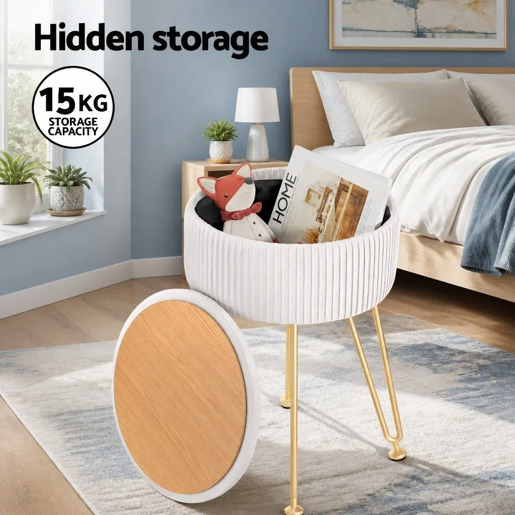 Round Velvet Ottoman White Storage Footstool Padded Seat Coffee Table 32cm Width 46cm Height