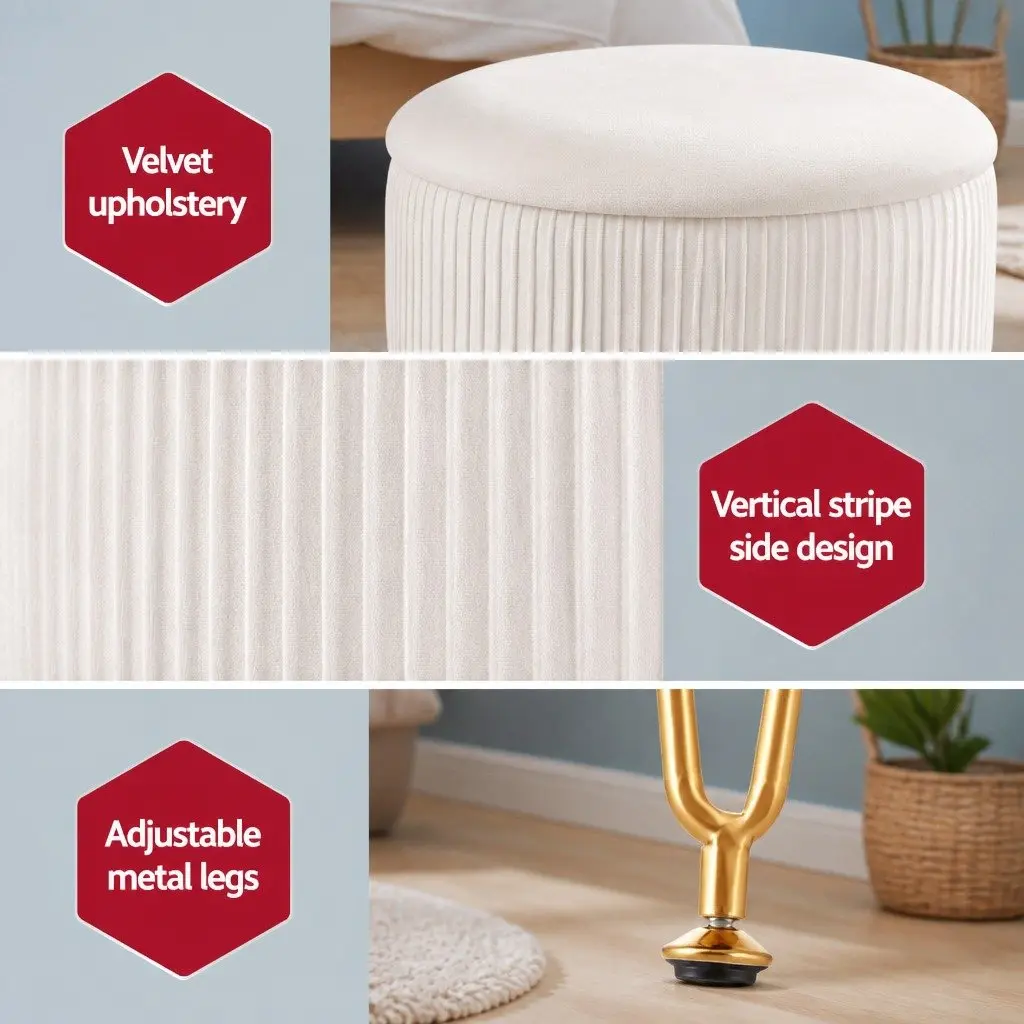 Round Velvet Ottoman White Storage Footstool Padded Seat Coffee Table 32cm Width 46cm Height