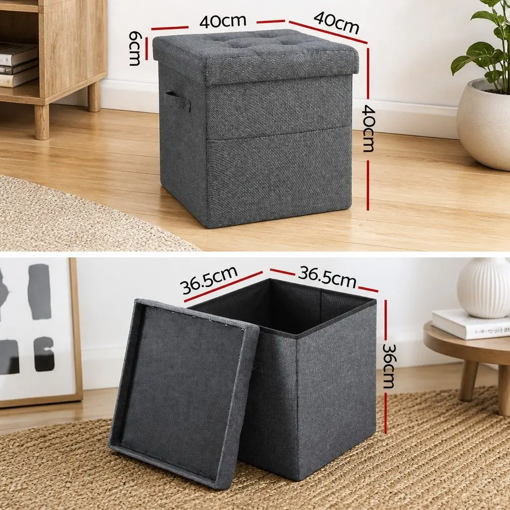 Storage Ottoman Footstool Foldable Grey Faux Linen 40cm