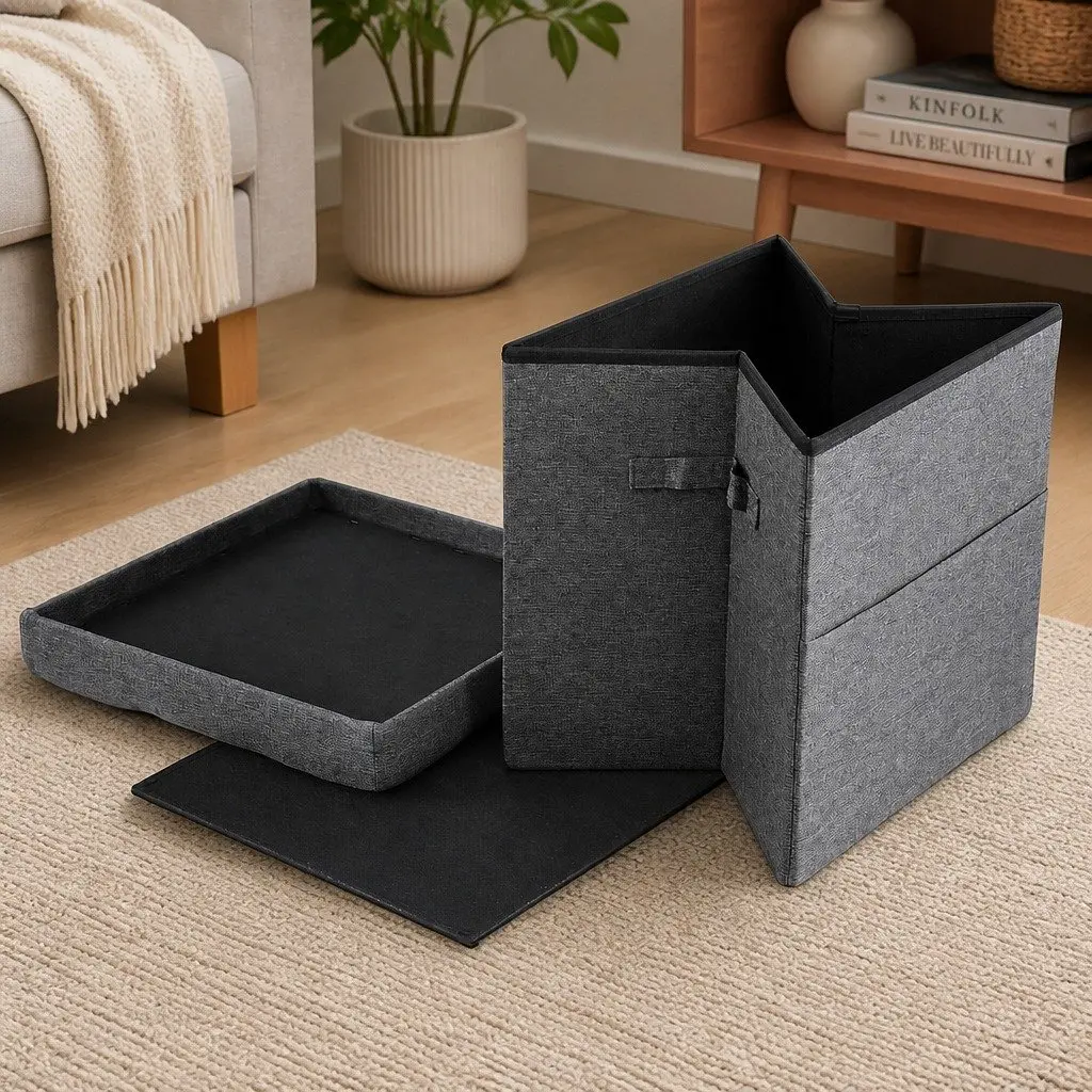 Storage Ottoman Footstool Foldable Grey Faux Linen 40cm