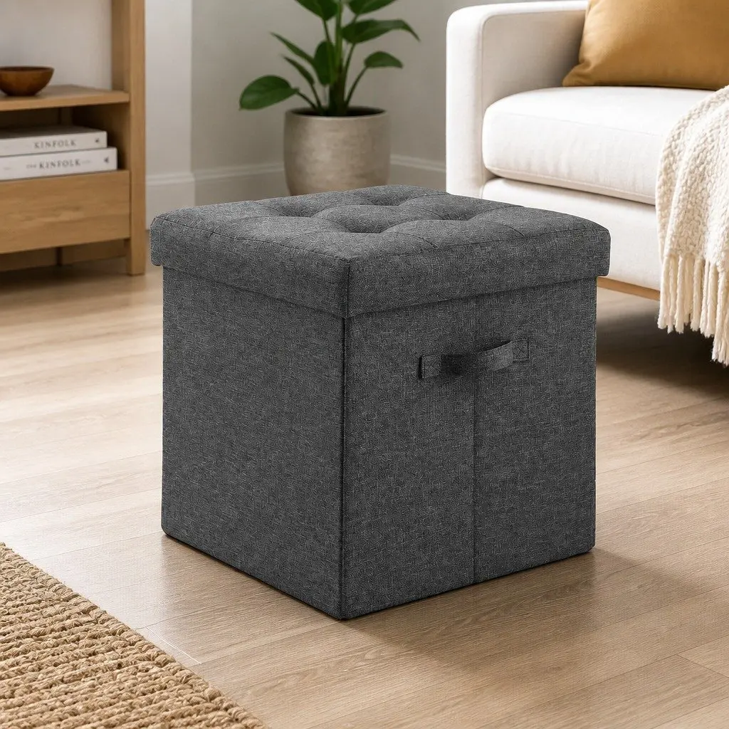 Storage Ottoman Footstool Foldable Grey Faux Linen 40cm