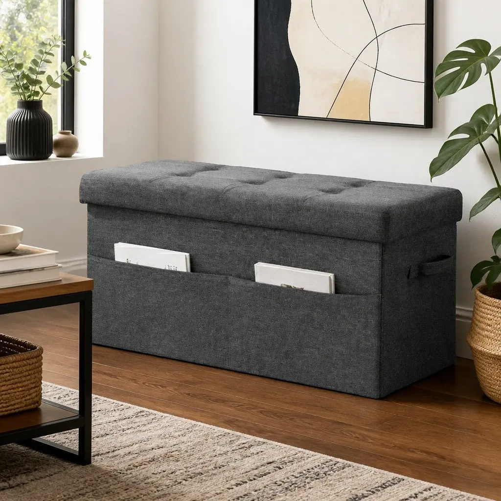 Storage Ottoman Foot Stool Foldable Grey Faux Linen 76cm x 38cm x 38cm
