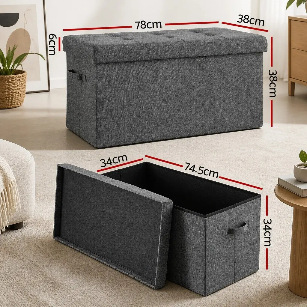 Storage Ottoman Foot Stool Foldable Grey Faux Linen 76cm x 38cm x 38cm