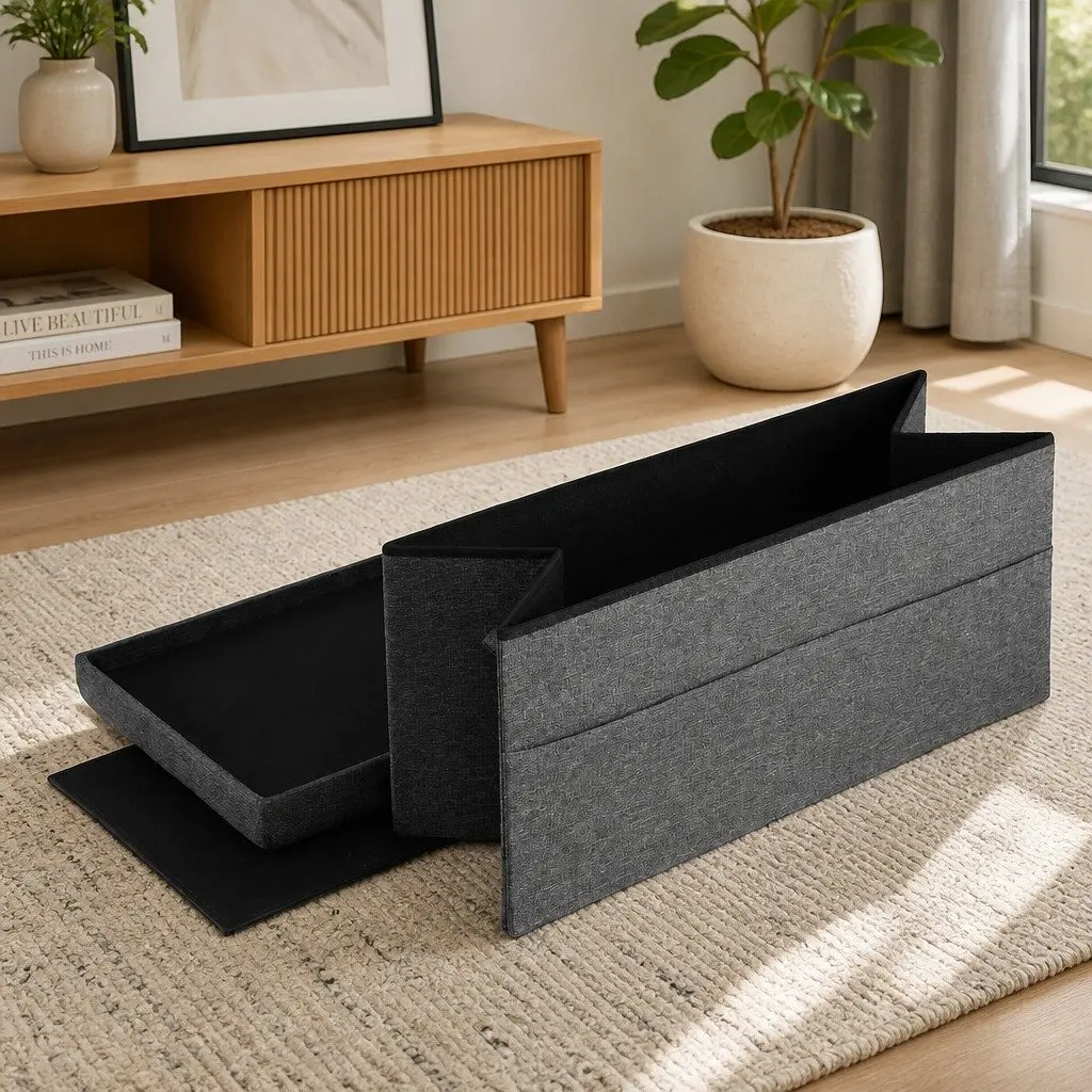Storage Ottoman Foot Stool Foldable Grey Faux Linen 76cm x 38cm x 38cm