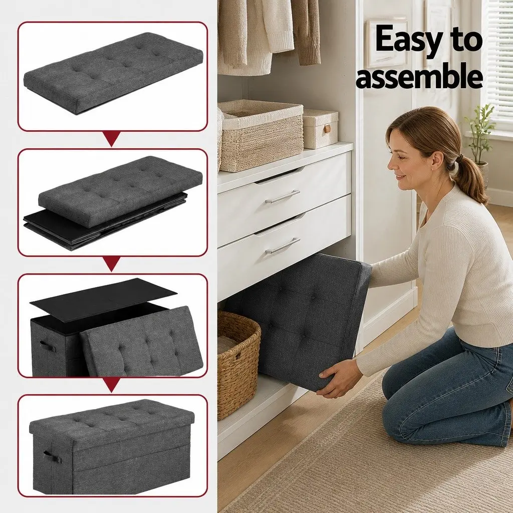 Storage Ottoman Foot Stool Foldable Grey Faux Linen 76cm x 38cm x 38cm