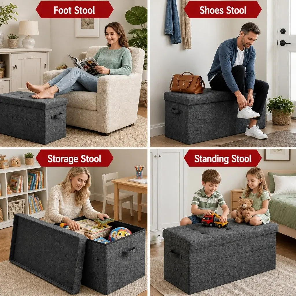 Storage Ottoman Foot Stool Foldable Grey Faux Linen 76cm x 38cm x 38cm
