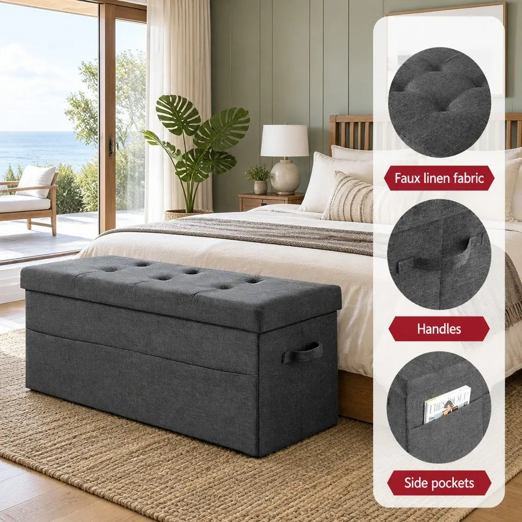 Storage Ottoman Foot Stool Foldable Grey Faux Linen 76cm x 38cm x 38cm
