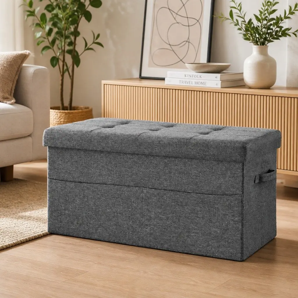 Storage Ottoman Foot Stool Foldable Grey Faux Linen 76cm x 38cm x 38cm