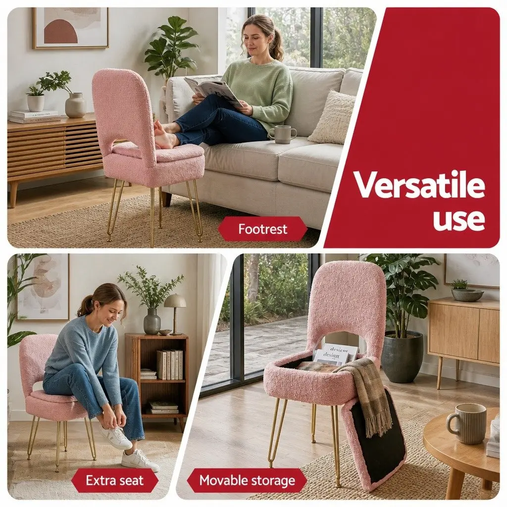Storage Ottoman Footstool Sherpa Pink Compact with Adjustable Folding Backrest for Bedroom