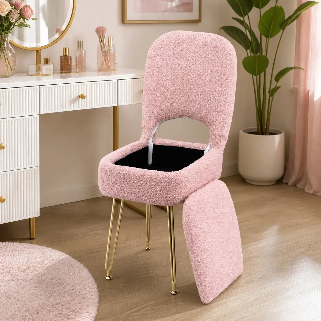 Storage Ottoman Footstool Sherpa Pink Compact with Adjustable Folding Backrest for Bedroom