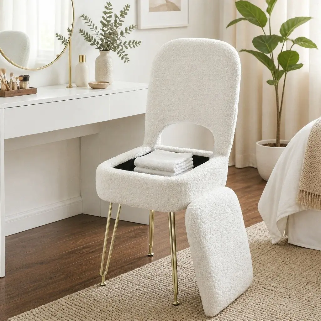 Storage Ottoman Folding Footstool with Backrest White Bedroom Living Room Seat
