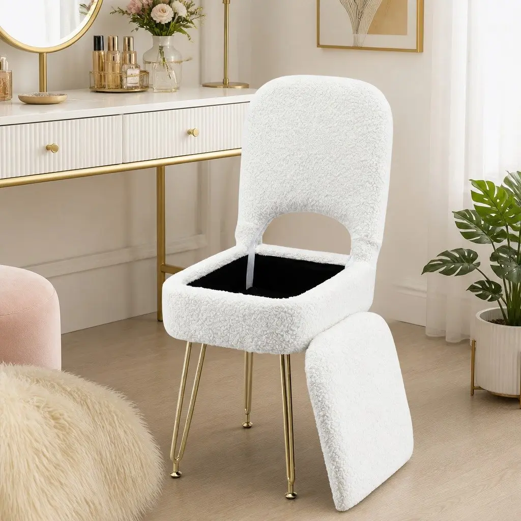 Storage Ottoman Folding Footstool with Backrest White Bedroom Living Room Seat