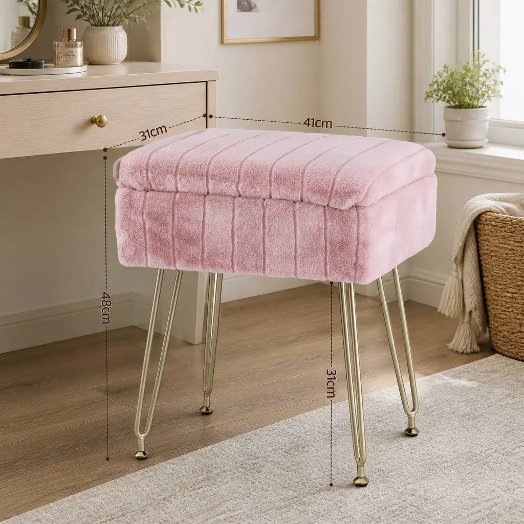 Ottoman Storage Footstool Pink Faux Fur Rectangle Reversible Lid Hidden Compartment 41cm x 31cm x 48cm