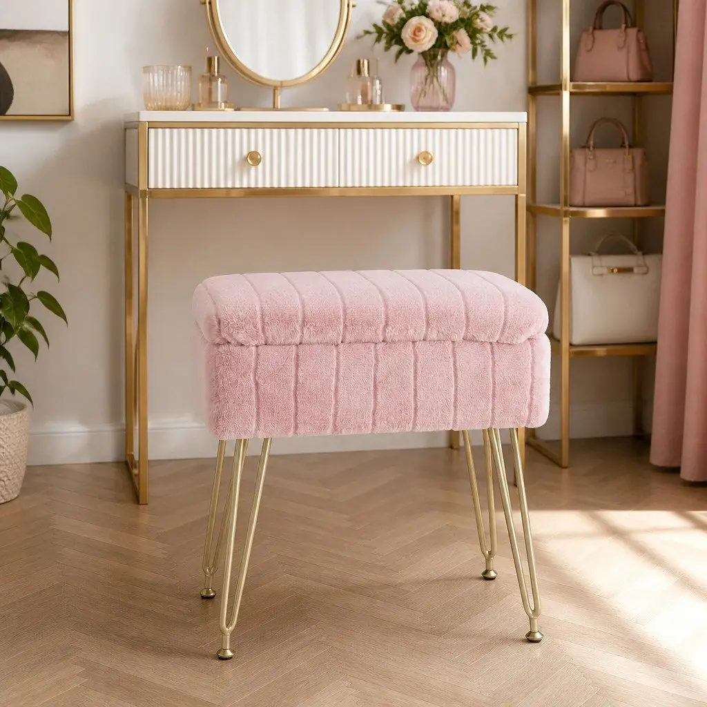 Ottoman Storage Footstool Pink Faux Fur Rectangle Reversible Lid Hidden Compartment 41cm x 31cm x 48cm