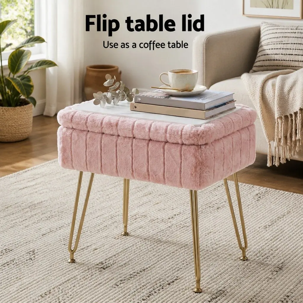 Ottoman Storage Footstool Pink Faux Fur Rectangle Reversible Lid Hidden Compartment 41cm x 31cm x 48cm