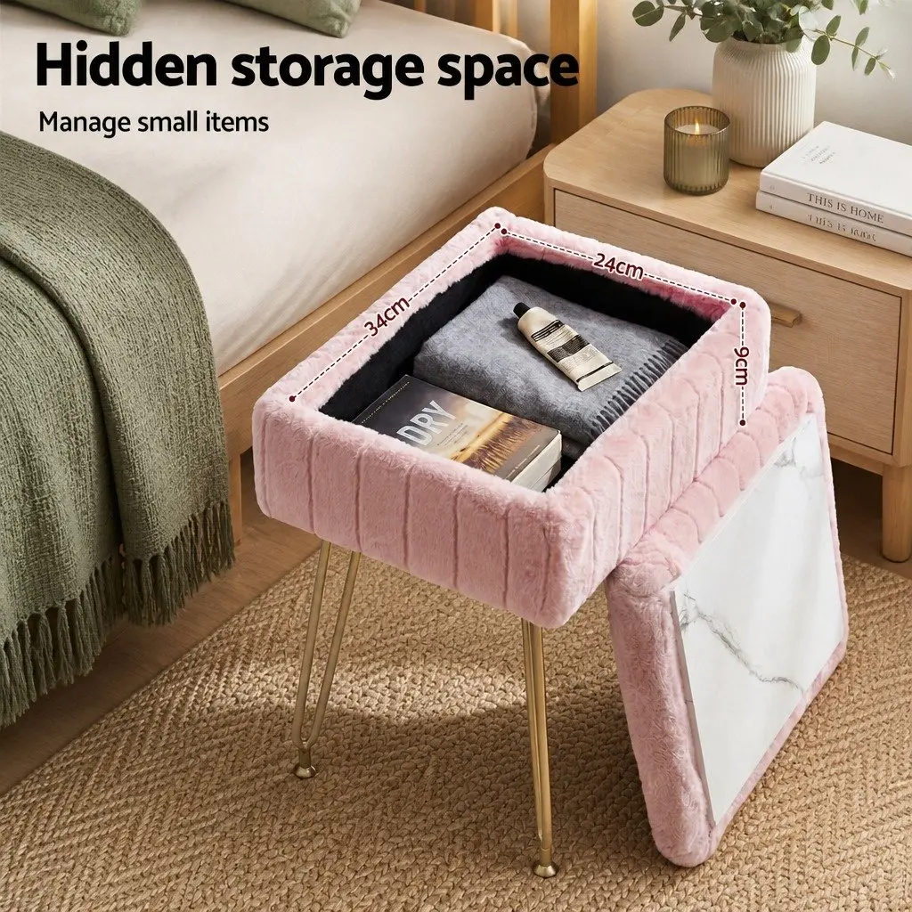 Ottoman Storage Footstool Pink Faux Fur Rectangle Reversible Lid Hidden Compartment 41cm x 31cm x 48cm