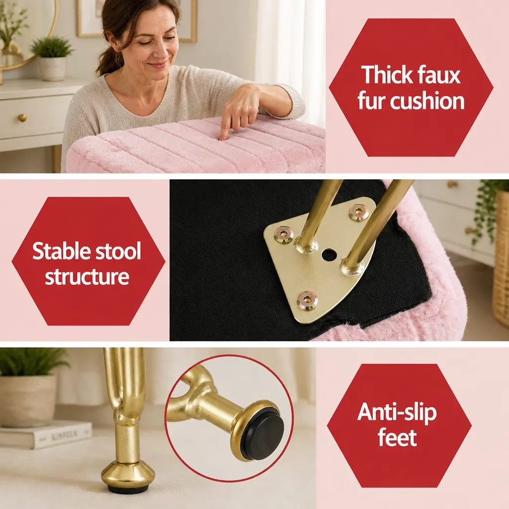 Ottoman Storage Footstool Pink Faux Fur Rectangle Reversible Lid Hidden Compartment 41cm x 31cm x 48cm